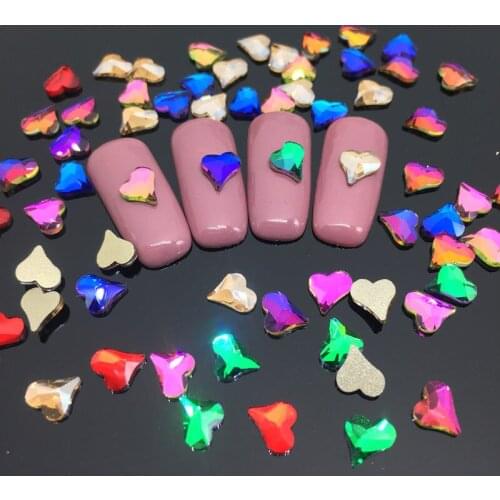 30/100Pcs Nail Art Rhinestone Crooked Heart Flat Crystal Glass Stone Fashion 3D Fingernail DIY Decoration Accessories 6X7MM