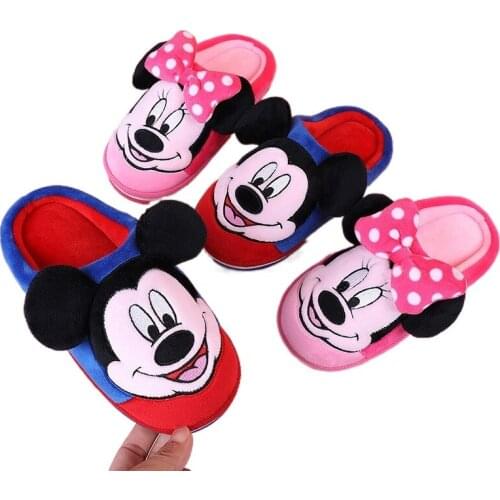 Disney Mickey Minnie Slippers Cartoon Cute Style Winter Autumn Men Children Warm Fur Wear-resistant Cotton Kids Animal Shoes