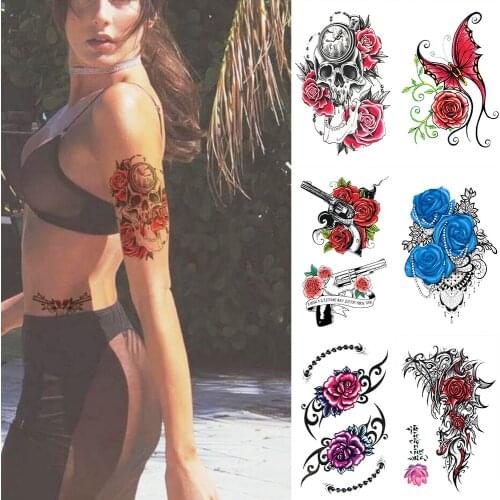 Waterproof Temporary Tattoo Sticker Rose Skeleton Henna Flash Tattoos Mermaid Butterfly Body Art Arm Fake Tatoo Women Men