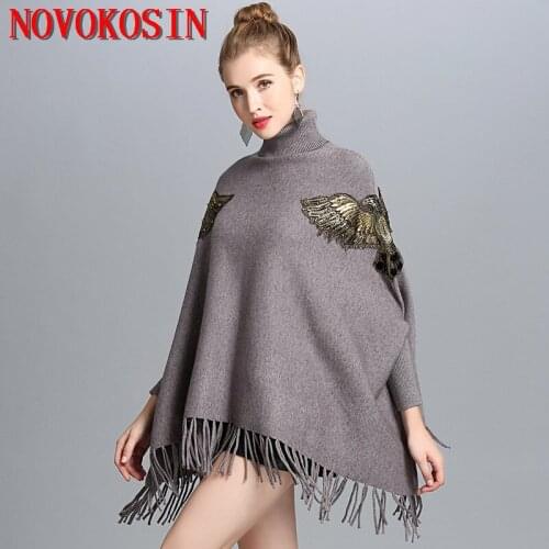 2018 Autumn Winter Long Knitted Women Eagle Appliqued Sweater Fashion Long Batwing Sleeves High Neck Stole Tassel Poncho