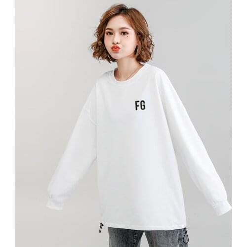 NIJIUIDNG 2020 Autumn New Thin Letter Pullovers Tops Women Casual Cotton Long Sleeve loose O-Neck Hem Drawstring Sweater Female