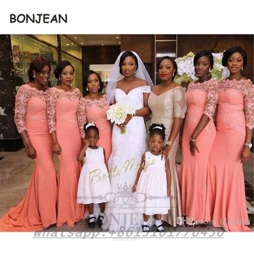 2021 Coral Bridesmaid Dresses Mermaid Black Girls Strapless Long Sleeves Elastic Satin South African Bridesmaid Dress