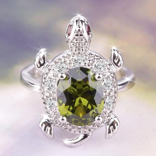 Female Lovely Cute Olive Green Turtle Ring Crystal Zircon Stone Tortoise Animal Rings For Women Banquet Wedding Jewelry Gift