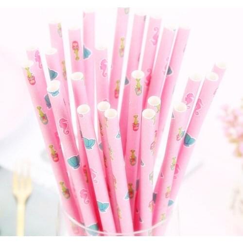 200 pcs Sea Horse Scallop Mermaid Light Pink Paper Straws Bulk-Beach Pool Wedding Bridal Baby Shower Luau Party Girl Drinking
