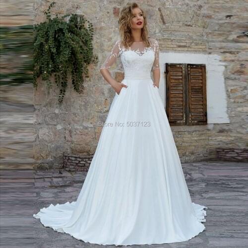 A Line Satin Wedding Dresses Lace Half Sleeve Scoop Neckline Open Back Wedding Bridal Gowns Lace Up Sweep Train Vestido De Noiva