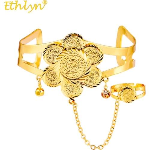 Ethlyn Fashion Middle East Women Jewelry Set Tesbih Muslim Bracelets Adjustable Rings Hollow Bangles Indian Female Jewelry hot
