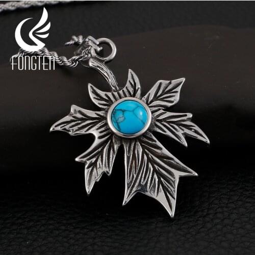 Fongten Maple Leaf Pendant Necklace Vintage Stainless Steel Chain Necklaces For Men Jewelry