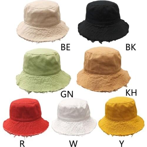 Korean Women Sunscreen Cotton Bucket Hat Vintage Distressed Frayed Tassels Wide Brim Solid Color Packable Fisherman Cap
