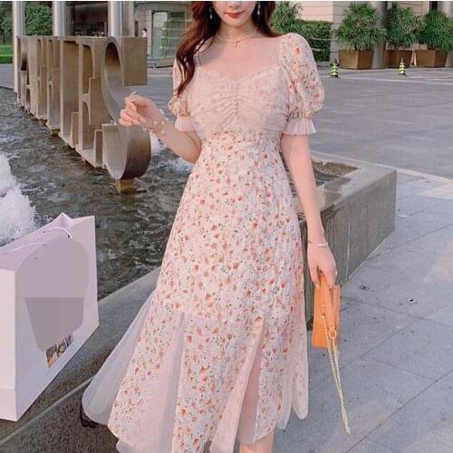 Floral suspender dress womens spring / summer 2021 new V-neck short sleeve medium length midi boho dress pink