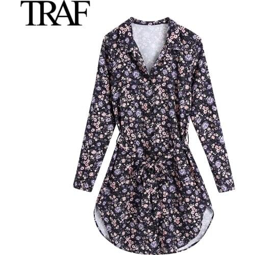 Traf Za Women Fashion 2021 Spring and Autumn New Bow Waistband Dress Vintage Printed Button Up Big Shirt Dress Female Robe