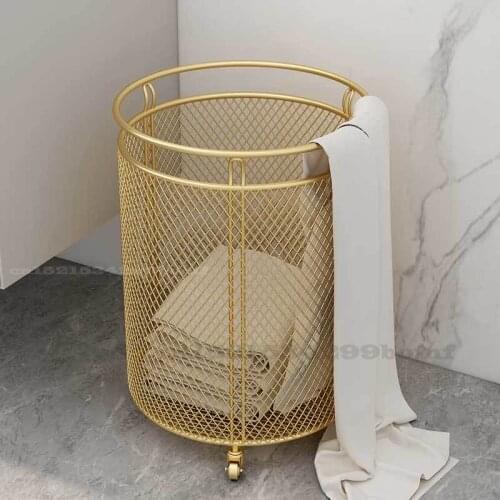 Portable Golden Metal Dirty Clothes Hamper with Wheels Dirty Cylindrical Laundry Basket Organizer Bathroom Laundry Hamper Sorter