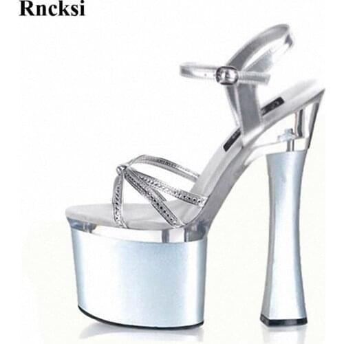 Rncksi Sexy Square Silver high heels Pole Dance Sandals Women Platform Open Toe New Straps sandals 18cm dress New Girls shoes