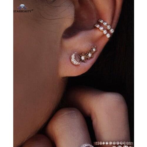 4 pcs/lot Crystal Moon Ear Piercing Stud Earrings Set Gold Helix Piercing Ear Cuff Fake Earrings Fake Piercing Ear Body Jewelry