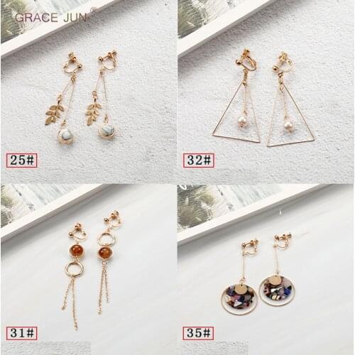 GRACE JUN Clip on Earrings No Pierced for Women Party Wedding Gold-stone Pearl Heart Star Circle Ear Cuffs for Women Xmas Gift