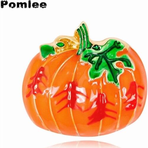 Pomlee Halloween Pumpkin Brooches For Women Yellow Metal Crystal Enamel Pin Plant Brooch Costume Jewelry