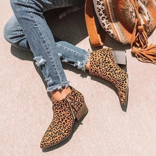 Women Pointed Toe Ankle Boots Woman Leopards Mid Heels Female Casual Snake Pattern Ladies Zip Pumps Womens Shoes Plus Size 43