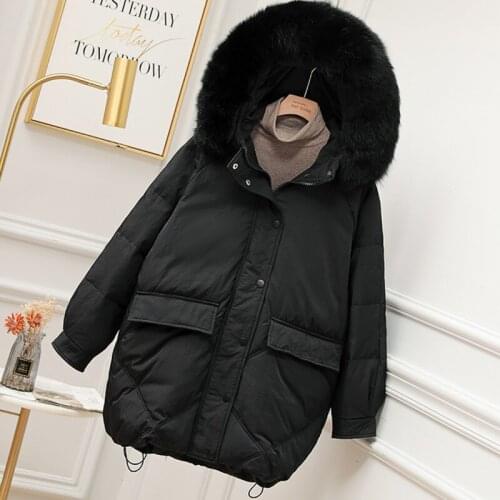 Winter New Real Natural Fur Hooded Long Jacket Women 90% White Duck Down Coat Loose Drawstring Thick Warm Snow Outwear