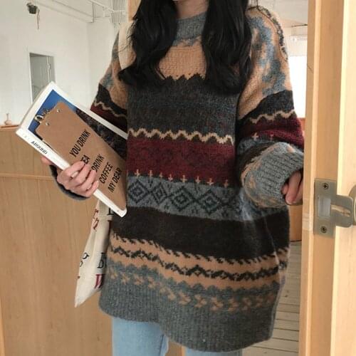 2021 Women Vintage Knitting Pullover Sweater Winter Loose Style Striped Pull Jumpers Korean Style Femme Knitwear Casual Tops