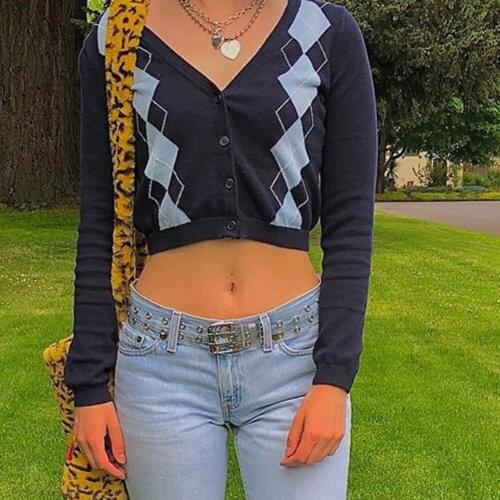 Women Cardigans with Argyle Print Long Sleeve Knitted Jacket Coat Femme 2020 New Autumn Elegant Casual Grey Thick Sweater Coat