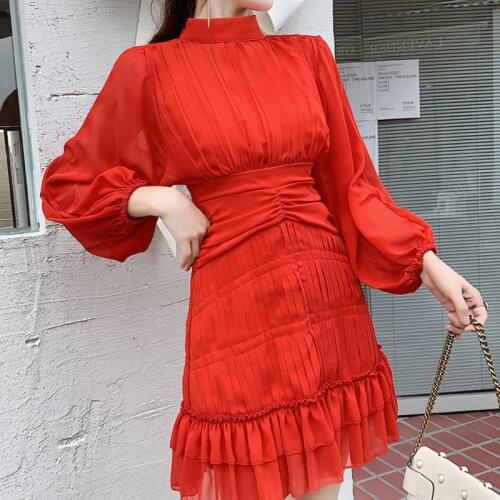 2021 New Summer Runway Desinger Party Dress Women Long Sleeve Stand Collar Ruffled Dress