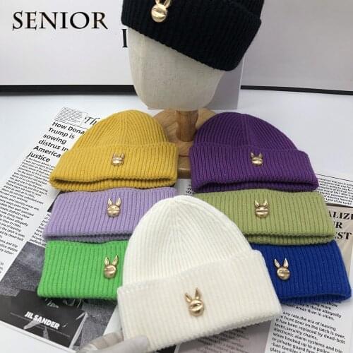 Korean Style Winter Simple Cute Skullies Rabbit Couple Hat Candy Color Fashion Womens Knitted Hat Men Women Winter Hat Beanie