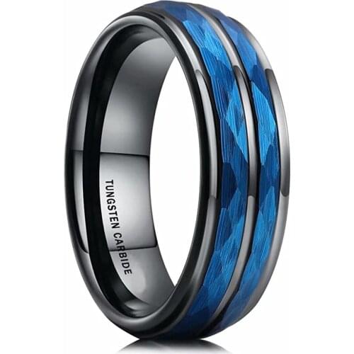 6MM Mens Blue Hammered Tungsten Carbide Ring With Polished Stepped Edges Multi-Faceted Men Engagement Ring Anniversary Gifts