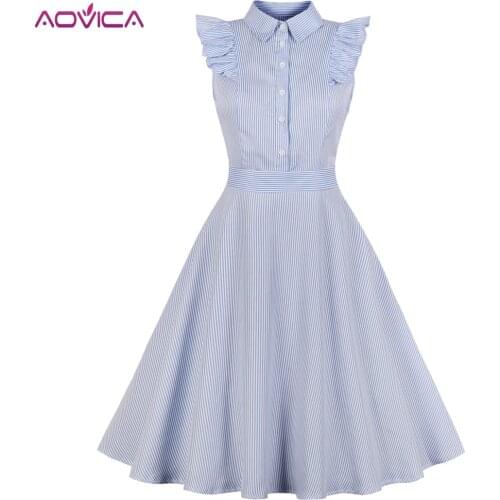Aovica S-4XL 3XL Plus Size Audrey Hepburn Swing Rockabilly Vintage Dress Blue Stripe Print Ruffles Retro Dresses Party Vestidos