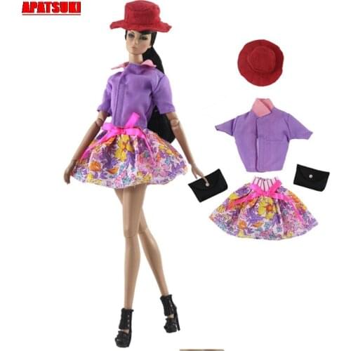 Purple Tops Colorful Short Skirts Red Hat Black Handbag Outfits Clothes for Barbie Doll Daily Fashion Casual Costume Set DIY Toy