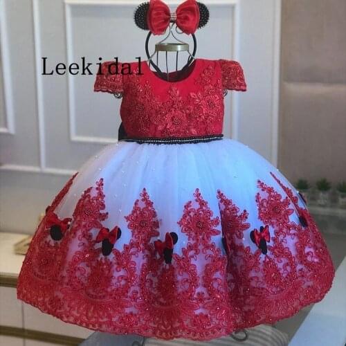 Red Lace Ball Gown Beaded Flower Girl Dresses For Wedding Pearls Backless Pageant Gowns Floor Length Tulle First Communion Dress