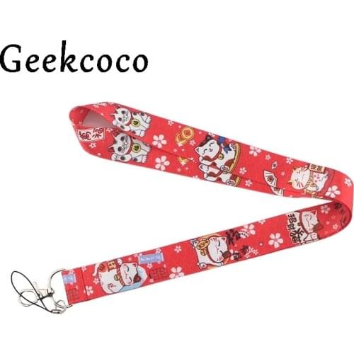 Cute Lucky Cat animal lanyard for keys mobile phone straps necklace card holders webbing ribbon keychain keyring hang rope J0429