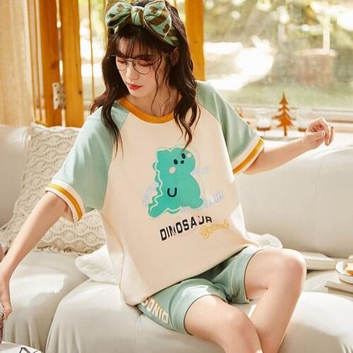Sweet Princess Women Pajamas Sets Cute Cartoon Little Dinosaur Cotton Homewear Fashion Patchwork Summer Short Sleeve Sleepwear
