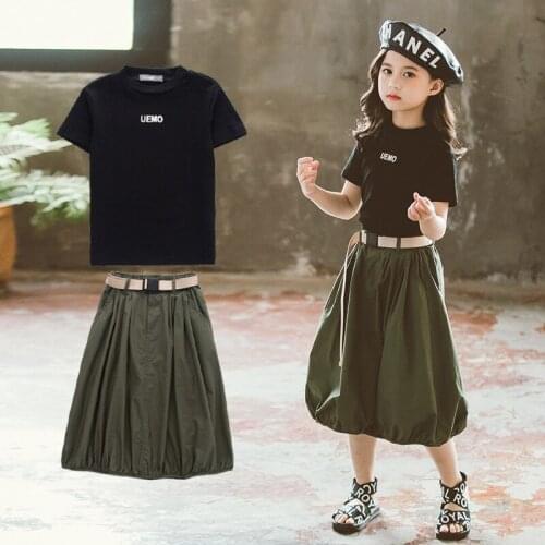 New 2020 Summer Clothes Set for Toddler Cotton Fashion Black Tops Skirts Two Piece Suits Teenage School Girls Skirt Set 4-14T