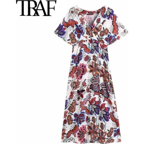 TRAF Women Chic Fashion Floral Print Slit Hem Midi Dress Vintage Cape Sleeve Side Zipper Female Dresses Vestidos Mujer