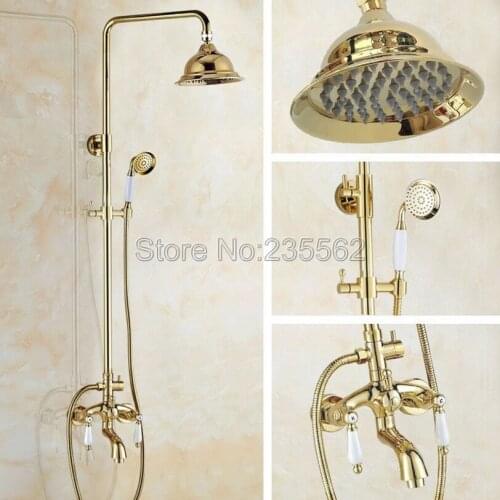 Golden Brass Luxury Rain Shower Faucet Set Bathroom Dual Ceramic Handle Tub Mixer Tap Wall Mounted + Hand Spray lgf436