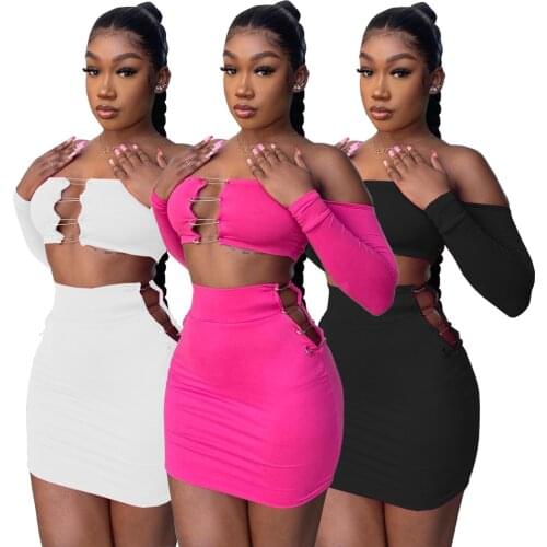 Off the Shoulder Solid Pin Skirts 2 Piece Outfits Sexy Streetwear Long Sleeve Crop Top + Mini Skirts Club Two Piece Set Outfits