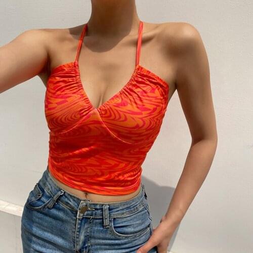 Sexy Halter Bustier Top V Neck Ripples Bandage Sleeveless Strap Crop Tops Solid Folds Backless Party Tank Top Women Fashion 2021