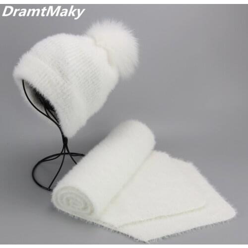 Artificial mink cashmere Women Child Winter hat scarf set Real Fox Fur Pom Poms Ball Cap Keep Warm Beanies Skullies beanie hat