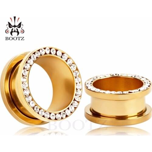 Gold screw crystal stainless steel ear plugs tunnels piercing body jewelry ear gauges sell by pair