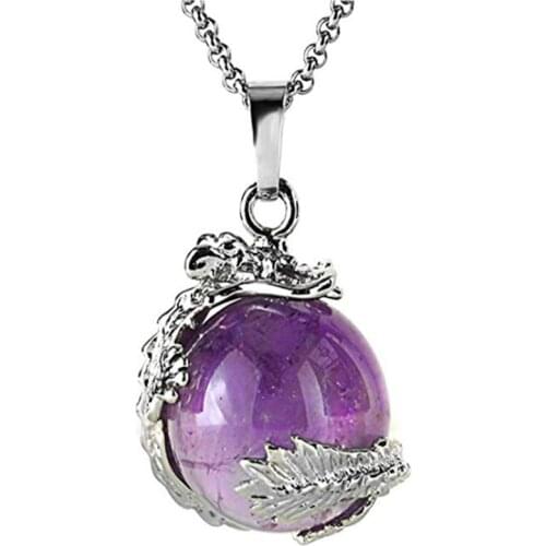 FYJS Unique Jewelry Silver Plated Chinese Dragon Wrap Natural Purple Amethysts Ball Bead Pendant Stone Necklace