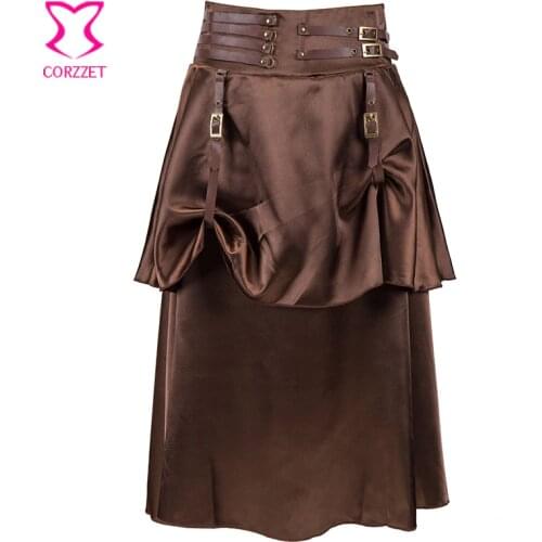 Vintage Steampunk Skirt Brown Satin With PU Strap Ruffled Up Women Skirts Inelastic Belted Waist Midi Gothic Skirt 2017 Summer