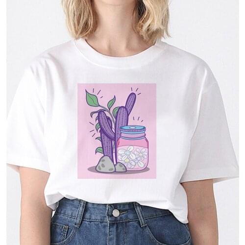 2021 Fashion Female Top Tees Summer Short Sleeve Oversized Women Tshirt Cactus Print Kawaii Cute Girls Aesthetic White T-Shirts
