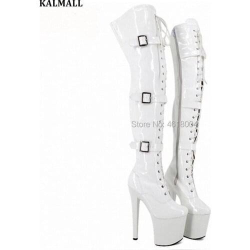 KALMALL Fetish Shoes Women Sexy Nightclub Polar Dancer Thigh High Boots Ultra Platform High Heels Buckle Strap Motorcycle Boots