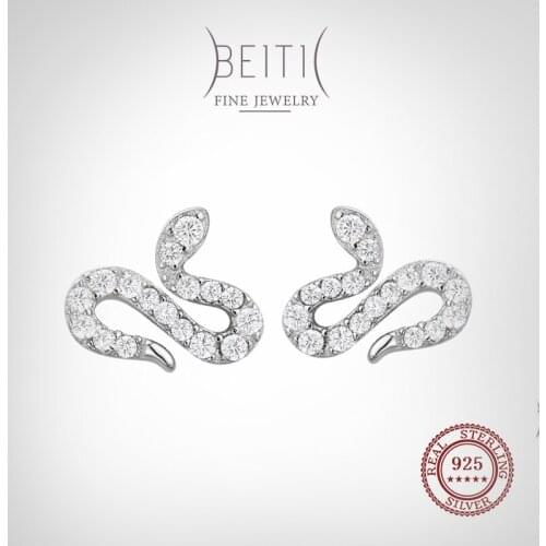 Beitil Top Quality Real 925 Sterling Silver Lovely Snake Shape Stud Earrings For Women Dazzling Clear Zircon Fine Jewelry
