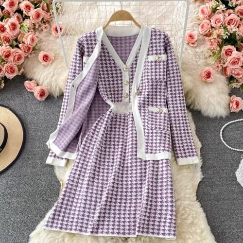 Small Fragrance Dress Suits Autumn Winter Houndstooth Knitted Two Piece Set Women Cardigan Coat + Dress Sets Fashion 2 Piece Set