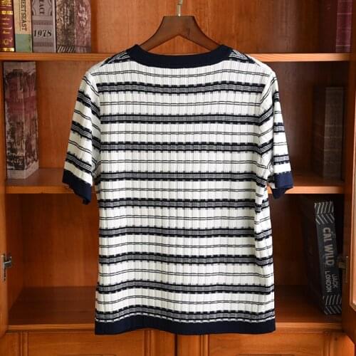 2021 Spring High quality Womens Stripe T-shirts France style elegant knitted Tee Tops C004