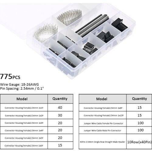 775PCS 2.54mm PCB Jumper Wire Pin Header Connector 10 Row 40 Pin Box Packaging Kit and Female Male Crimp Pins