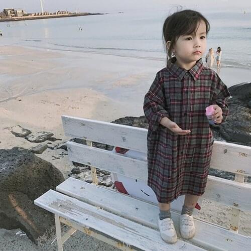 Girls Plaid Long Shirt Dress Autumn New Casual Fashion Turn Down Collar Long-Sleeve Button Pocket Dresses WTA02