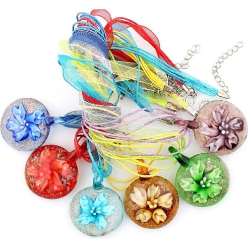 Hot Sell Wholesale Bulk 6pcs Murano Lampwork Glass Round Flower Pendant Silver P Beauty charm Necklaces For womens Gift