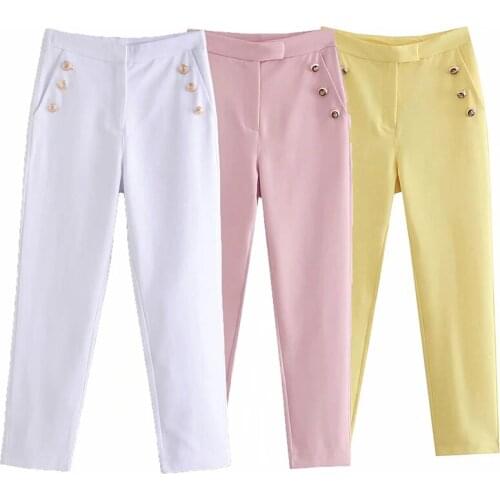 Xikokm 2021 New Women Vintage Solid Button Pants Female Office Lady Bottoms Slim Belt High Waist Casual Chic Trousers