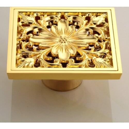 Polished Gold Floor Drains Brass Shower Floor Drain Bathroom Deodorant Euro Square Floor Drain Strainer Cover Grate Waste